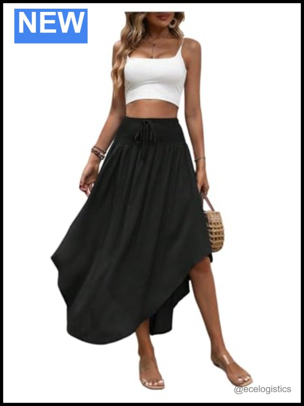 Asymmetrical Shirred Waist Curved Hem Maxi Skirt Relaxed Flowy Vacation Beach